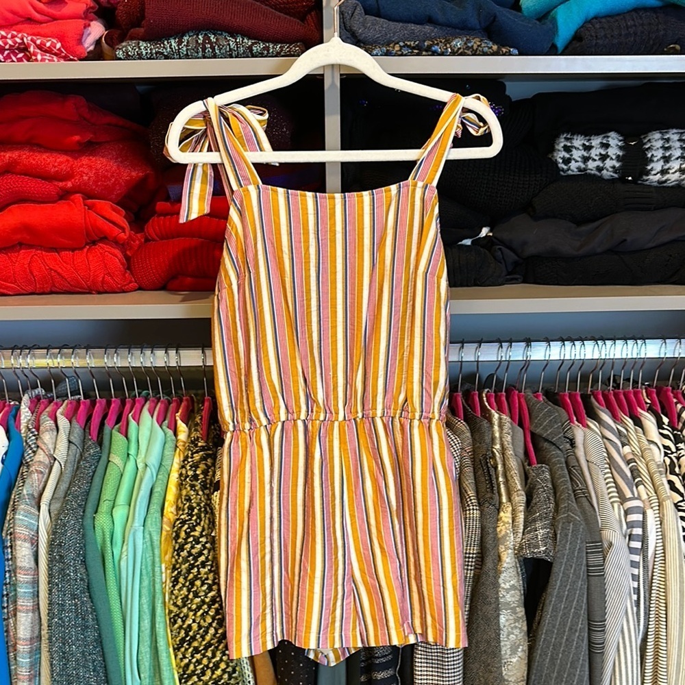 Modcloth mustard/pink striped tie strap elastic waistband romper size S NWT